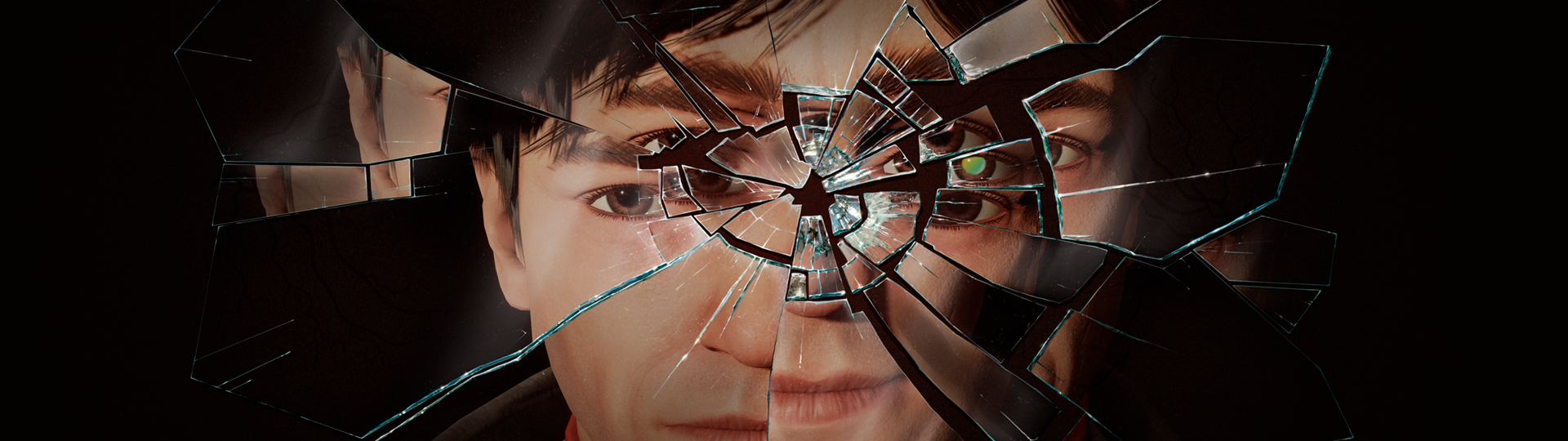 Face of the Bachelor, reflecting in broken glass. In one of the reflections, his pupil appears to be glowing green.