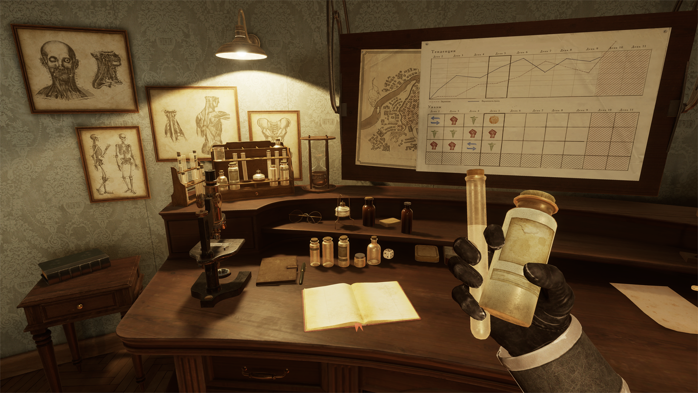 Screenshot of the game. The Bachelor's hand holds some vials. There's a desk with an open book and some science equipment in front of him, as well as medical posters on the walls, and a graph and a part of the map of the Town-on-Gorkhon on the wall board in front of him.